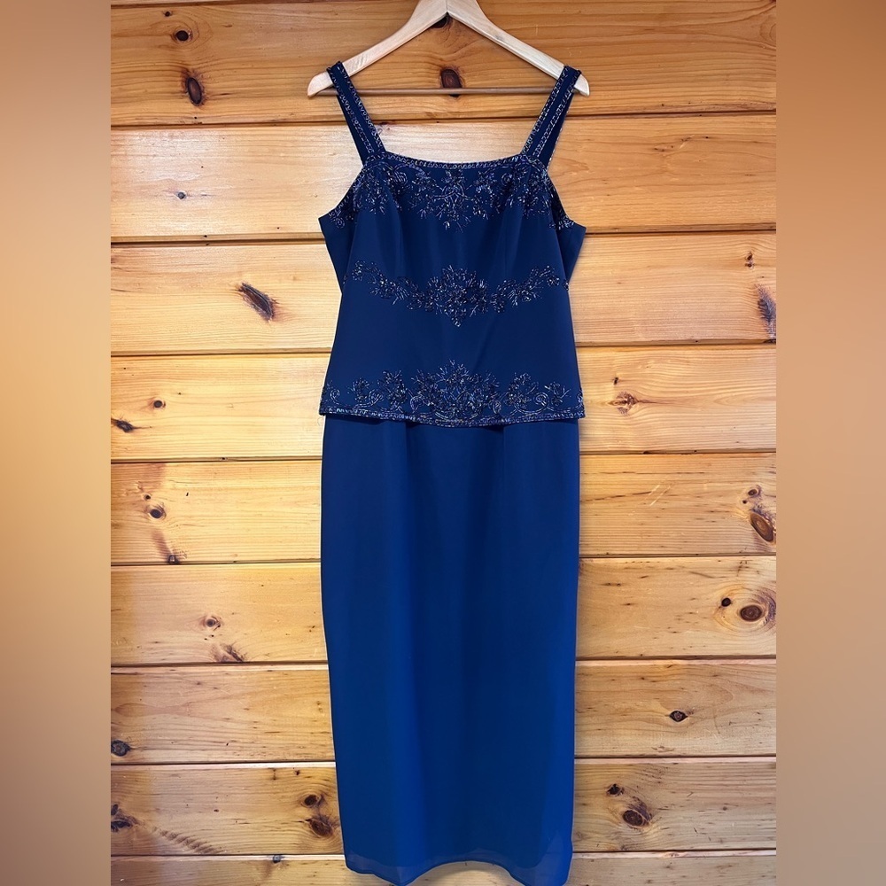 Marsoni Navy Blue Beaded Lined Straps Full Length Sheath Dress 14